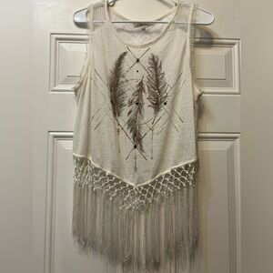 Miss Me Cream Tank Top with Gold Feather Design